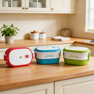 Lunch <b>Box</b> Double Layer Plastic Sealed With Handle Round <b>Red</b> Green Blue Solid Color Student Portable - Product Image 2