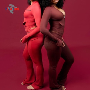 Veste de yoga zippée ajustée personnalisée et <span class=keywords><strong>pantalon</strong></span> droit à taille haute pour femmes grandes tailles, ensemble 2 pièces pour l'entraînement, vêtements de sport pour femmes - Product Image 1