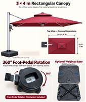 Parasol cantilever 3x4M avec manivelle en aluminium moulé sous pression, rotation à 360 degrés et dessus à double niveau pour terrasse de jardin