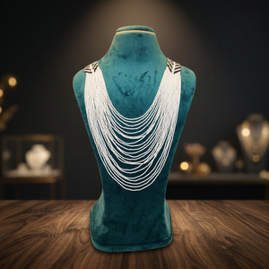 Sstringz White Multi-Strand Seed Bead <b>Statement</b> <b>Necklace</b> with Black Geometric Accents Handmade Tribal Boho Layered Bib Jewelry - Product Image 2