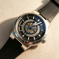 Montre automatique mécanique squelette de luxe d'occasion bleue en acier inoxydable, étanche 100M, bracelet en caoutchouc noir, pour homme, usage quotidien et extérieur