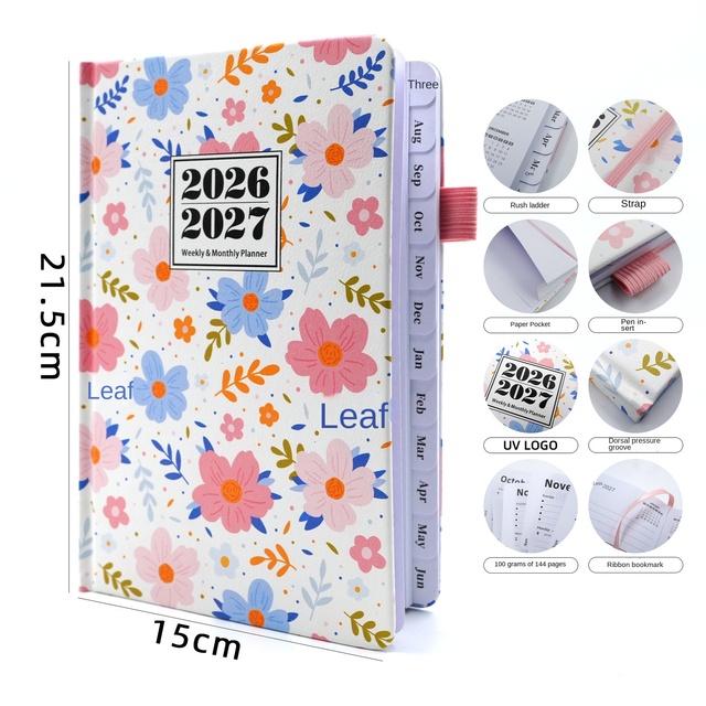 Custom Logo 2026-2027 Floral Tabbed Planner Smooth Vegan Leather Joyful Keepsake for Corporate Gift Bulk