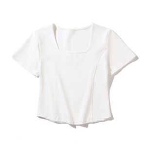 T-shirt in tinta unita a maniche corte con orlo a forma di arco in cotone 100% di alta qualità 180G stile francese con collo quadrato - Product Image 4