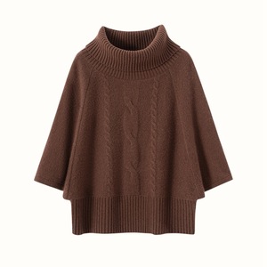 Maglione Poncho da <span class=keywords><strong>Donna</strong></span> in Cashmere <span class=keywords><strong>Marrone</strong></span> a Collo Alto con Lavorazione a Trecce - Product Image 6