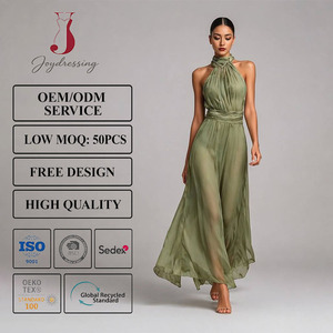 Abito Lungo da Donna Verde Oliva <span class=keywords><strong>con</strong></span> Collo Halter e Scollo Drappeggiato Senza <span class=keywords><strong>Maniche</strong></span> per Serate Eleganti OEM ODM Abbigliamento Personalizzato - Product Image 1
