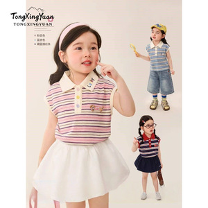 TongXingYuan Girls Striped Polo Shirt Short Sleeve Collar Summer 2026 Style Cartoon Pattern For Kids - Product Image 1