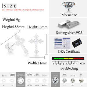 패션 유니섹스 십자가 주얼리 화이트 골드 925 스털링 실버 VVS 모이사나이트 다이아몬드 아이스드 아웃 크로스 스터드 귀걸이 남성 여성 - Product Image 6