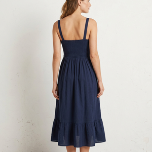 Robe longue en coton smocké bleu marine pour femme avec décolleté cœur, bretelles larges et ourlet à volants, fabriquée en coton indien - Product Image 5