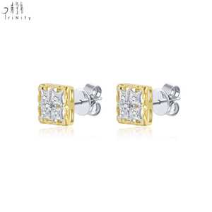 Boucles d'oreilles clous en or jaune et blanc 18 carats avec diamants, design géométrique vintage tendance, taille petite, pour femme, les plus populaires pour le quotidien - Product Image 2
