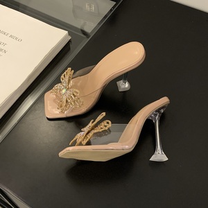 Sandales d'été à talons originaux pour femmes, avec strass, bout carré, chaussures de soirée transparentes - Product Image 6