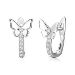 Creative 925 Sterling Silver Mini Butterfly Earrings with Zircon Hoop Elegant Delicate Women's Fine Jewelry