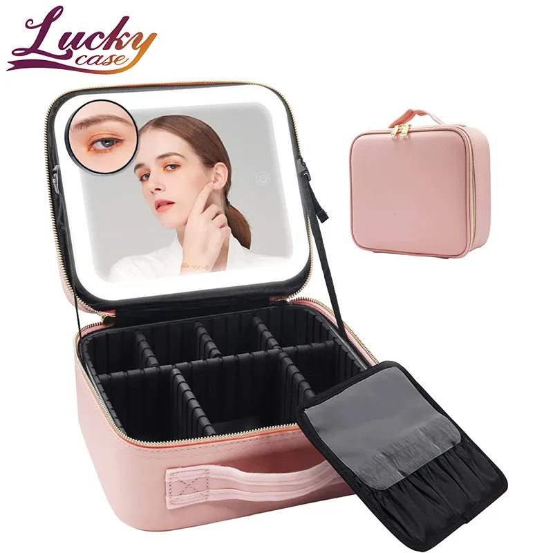 Makeup Bag with Mirror of LED Lighted Travel Cosmetic Bag Organizer with Adjustable Dividers PU Leather Makeup Bag