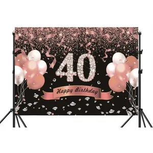 Rose Gold 40th Backdrop For Woman Man Happy Birthday Party 40 Years Old Photography Background Lady Photocall Photo Banner