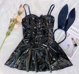 Women Sexy Patent Leather Dress 2 Piece Set Bandage Design Bunny Girl Backless Corset Dress Night Club - Product Image 6