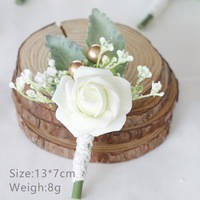 Corsage boutonnière pour homme, rose artificielle blanche en PE, fleur de poignet, broche, toucher naturel, pour mariage, cérémonie, fête, remise de diplôme