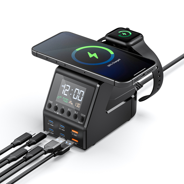 Desktop 240W Super Charging Station PD 3.0 10 in 1 Wireless Charger Multi Output Ports Alarm Clock Home Office Hotel Hub