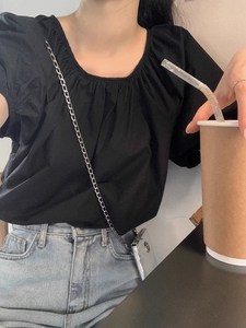 Chemisier <span class=keywords><strong>noir</strong></span> à nouer pour <span class=keywords><strong>femme</strong></span> <span class=keywords><strong>Top</strong></span> à manches bouffantes T-Shirt décontracté et <span class=keywords><strong>chic</strong></span> Summer Loose Fit Cute Boho Style Streetwear - Product Image 5