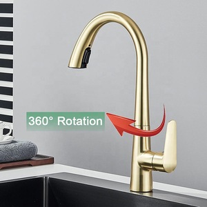 Robinet de cuisine extractible en acier inoxydable 304 doré brossé, eau chaude et froide, monocommande, col de cygne rotatif - Product Image 3