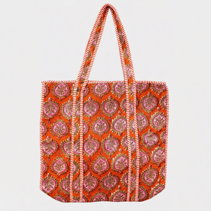 Sac fourre-tout bohème en coton avec motif brodé, poignées rayées orange et rose, ouverture supérieure, idéal pour le shopping - Product Image 1
