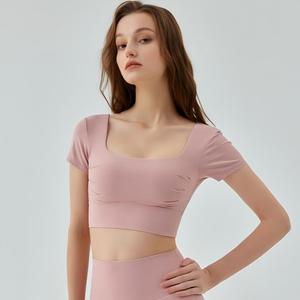 Wholesale Women's Square Neck Cut Out Back Yoga Crop Top Built-in <b>Bra</b> Short Sleeve Workout T Shirt Slim Fit Pilates Activewear - Product Image 4
