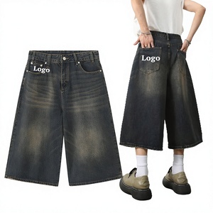 Pantaloncini Larghi da <span class=keywords><strong>Uomo</strong></span> Personalizzati in Denim Nero Stile Vintage Streetwear Estivo Casual con Stampa - Product Image 1