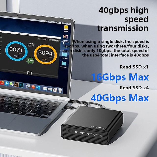 Four-disk USB4 Mobile Hard Disk Box Solid State M2 NVME Soft Array 40Gbps High Speed Lightning Black