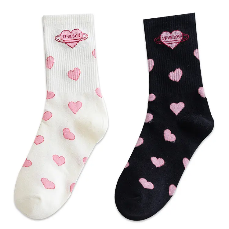 womens cute pink hearts pattern Japanese black and white sports tube socks