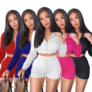 Wholesale Summer Short Custom Logo Hoodie Training & Jogging Wear Tracksuits Jogger Women 2 Piece Sets Sweat Suits Biker Set