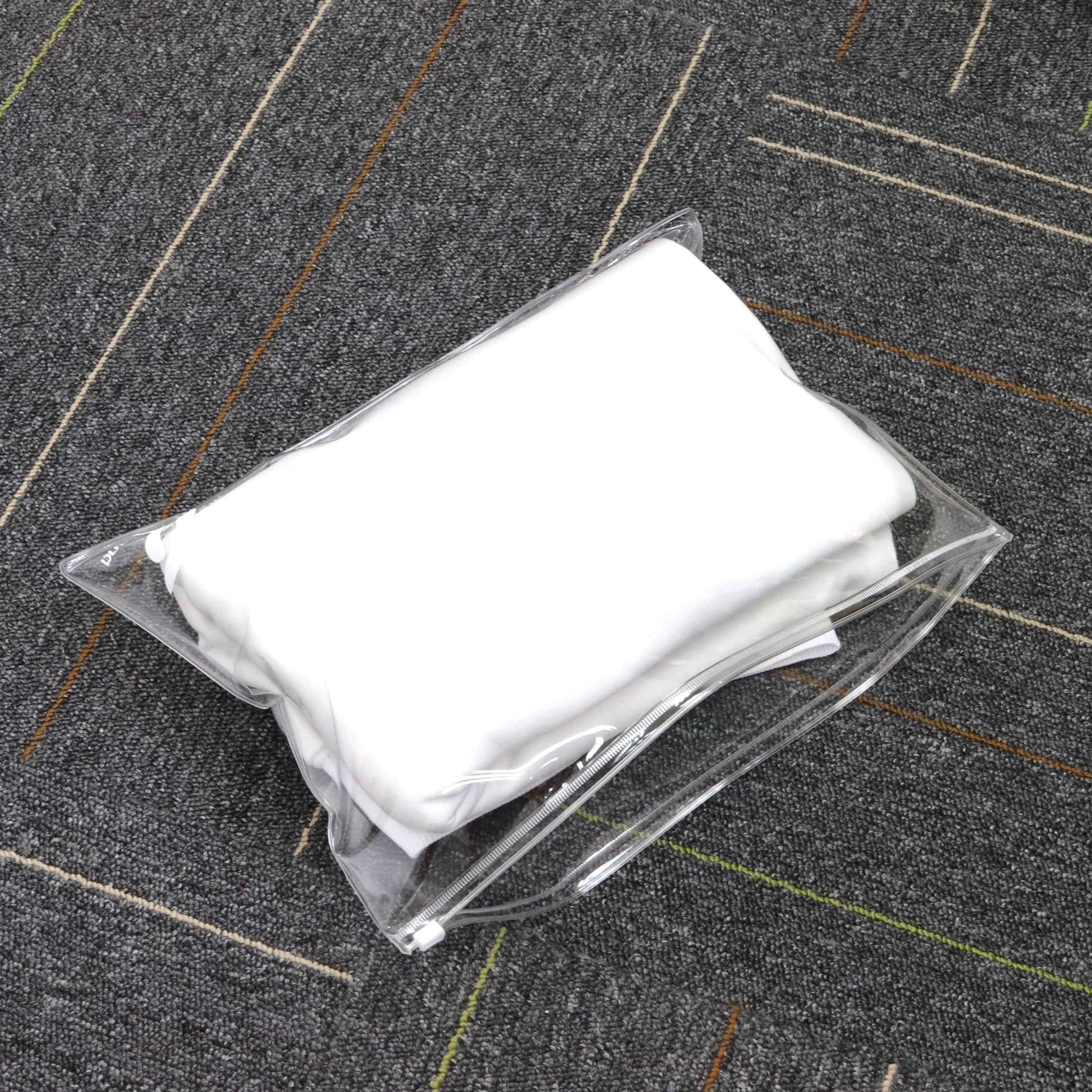 Özel geri dönüşümlü şeffaf plastik torba logo baskılı ambalaj çanta giyim için PVC fermuarlı çanta gömlek