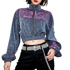 Wholesale <b>Womens</b> Holographic <b>Sparkly</b> Glitter Cropped Bomber <b>Jacket</b> Shiny Sequin Metallic Zip Polyester/Nylon Party Rave Wear - Product Image 1