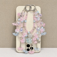 Colgante para Teléfono con Flores Kawaii y Cuentas, Llavero de Plata con Perlas de Cristal Pastel, Colgante para Bolso, Joyería Hecha a Mano al por Mayor