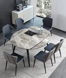 Gri sinterlenmiş taş uzatılabilir yuvarlak yemek masası seti 6 sandalye