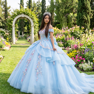 Vestido de Quinceañera Azul Celeste Dy1345 con Apliques de Encaje y Chifón Natural para Niñas de 15 Años, Vestido de Princesa con Color Personalizable - Product Image 1