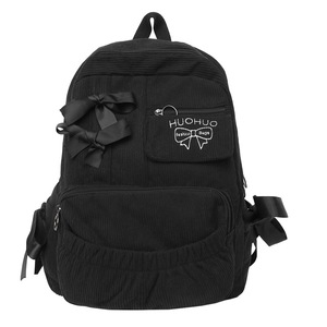 <b>Corduroy</b> Backpack For Women With Bow Knot Large Capacity Casual Shoulder <b>Bag</b> Everyday Use Solid Color 14 Inches Compatible - Product Image 5