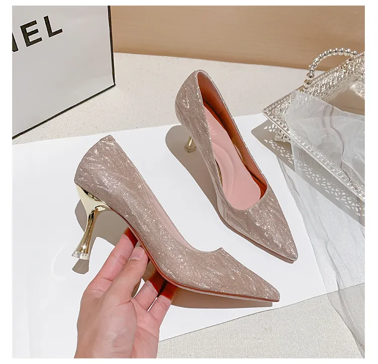 latest spring ladies golden pump shiny shoes for women party and Wedding Bridal Shoes girl comfortable high heel shoe femininity