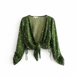 Sexy de manga larga cuello en v estampado de lunares color verde cultivos top mujeres trinchera abrigo blusa