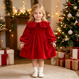 Abito Natalizio per Bambine con Colletto a Bambola, Maniche Lunghe Rosse, <span class=keywords><strong>Vestito</strong></span> a Linea A per Autunno e Primavera - Abito Morbido per Bambini - Product Image 1