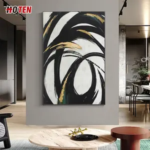 Peinture à l'huile abstraite peinte à la main, feuille d'or noire et blanche, grande suspension personnalisée