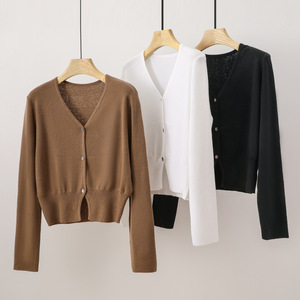 Cárdigan de <span class=keywords><strong>manga</strong></span> larga para <span class=keywords><strong>mujer</strong></span> al por mayor de fábrica, suéter básico de Color sólido con cuello en V, cárdigan de punto fino informal con frente abierto - Product Image 2