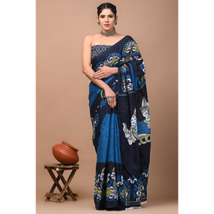 Sari de Algodón Mulmul Estampado con Blusa a Juego, Sari de Algodón Mulmul Ligero y Elegante - Cómodo para Uso Diario - Product Image 3