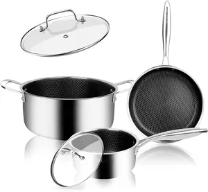 गर्म बिक्री छत्ते 5 PCS 3-प्लाई स्टेनलेस स्टील के बरतन गैर छड़ी Cookware Stockpot Saute पैन फ्राइंग पैन और कड़ाही