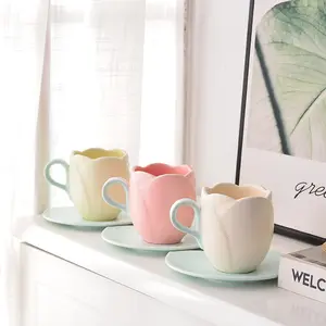 Instagram Retro Tulip Coffee Cup Set with High Appearance and Exquisite Afternoon Tea Ceramic Flower Mark Cup with Cup and Plate