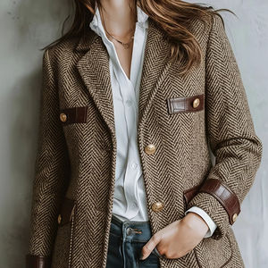 Blazer Elegante Retro para Mujer, Cuello Solapa, Diseño Entrecruzado, Estilo Patchwork, Color Marrón - Product Image 1