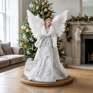 Christmas Angel Tree Topper with White Feather wings Silver halo Nordic <b>Large</b> Religious Christmas Tree Ornaments - Product Image 2