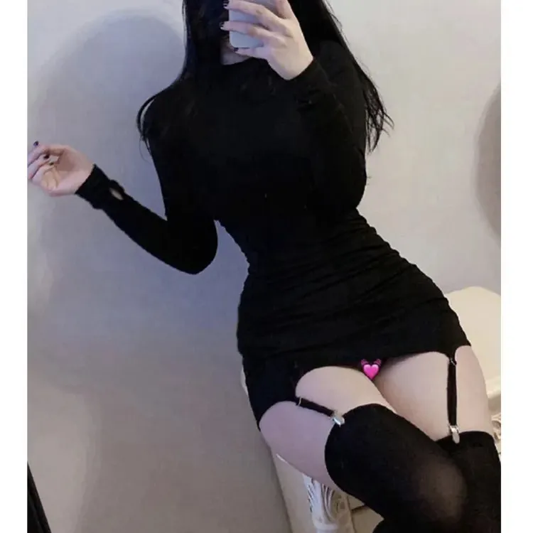 Gaun Mini lengan panjang seksi kaus kaki baru gaun seksi Hot Korea wanita peri elegan leher O tipis pinggang tinggi musim gugur 763g