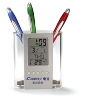 Porte-stylo publicitaire en plastique avec calendrier électronique, horloge et logo publicitaire - Horloge de bureau, calendrier et porte-stylo