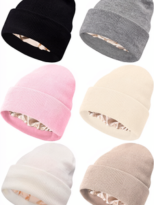 Custom Slouchy Knit Winter Beanie Satin Lined Silk Lining Adjustable Warm Cuffed <b>Cap</b> Unisex Travel Gift With Custom Logo - Product Image 1