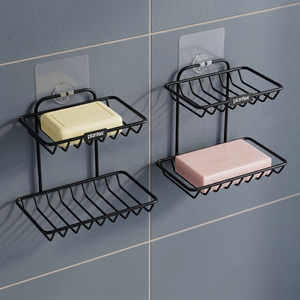Estante de metal de doble nivel para jabón, soporte de almacenamiento para baño autoadhesivo montado en la pared, diseño minimalista, color negro - Product Image 5