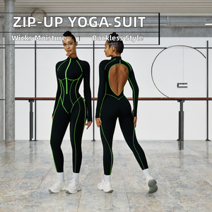 Combinaison de yoga pour femme, écologique, imperméable, en spandex/nylon, fermeture éclair, nouveau design, blocs de couleur, évacuation de l'humidité, dos nu, sport - Product Image 2