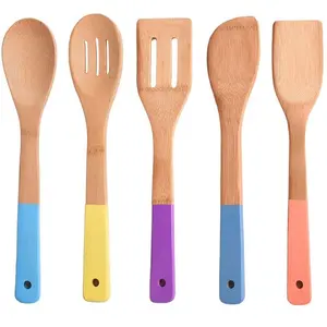 新设计一套5竹木锅铲烹饪工具套装彩色有机竹制厨房勺子烹饪用具套装